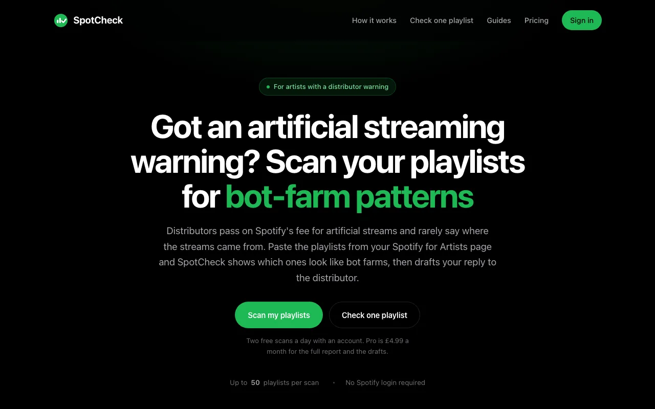 SpotCheck playlist scan for artificial streaming warnings